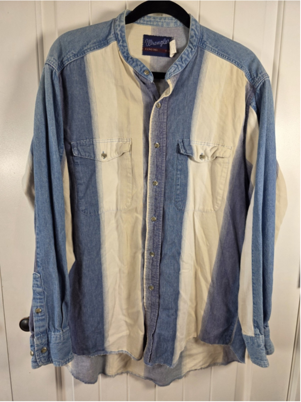 VTG Wrangler X-Long Tail 17-35 XL Collarless Western Shirt Blue Stripe USA Style